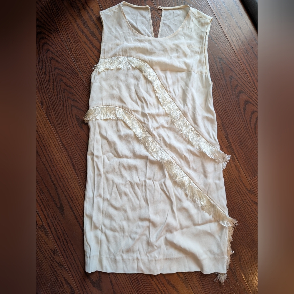 Sandro Paris White Cream Fringe Rosalbla Mini Tassle Dress Silk Bridal Festive